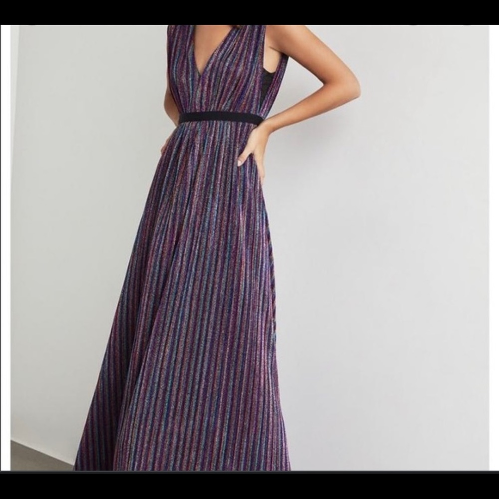 Purple Metallic Stripe Pleated Gown